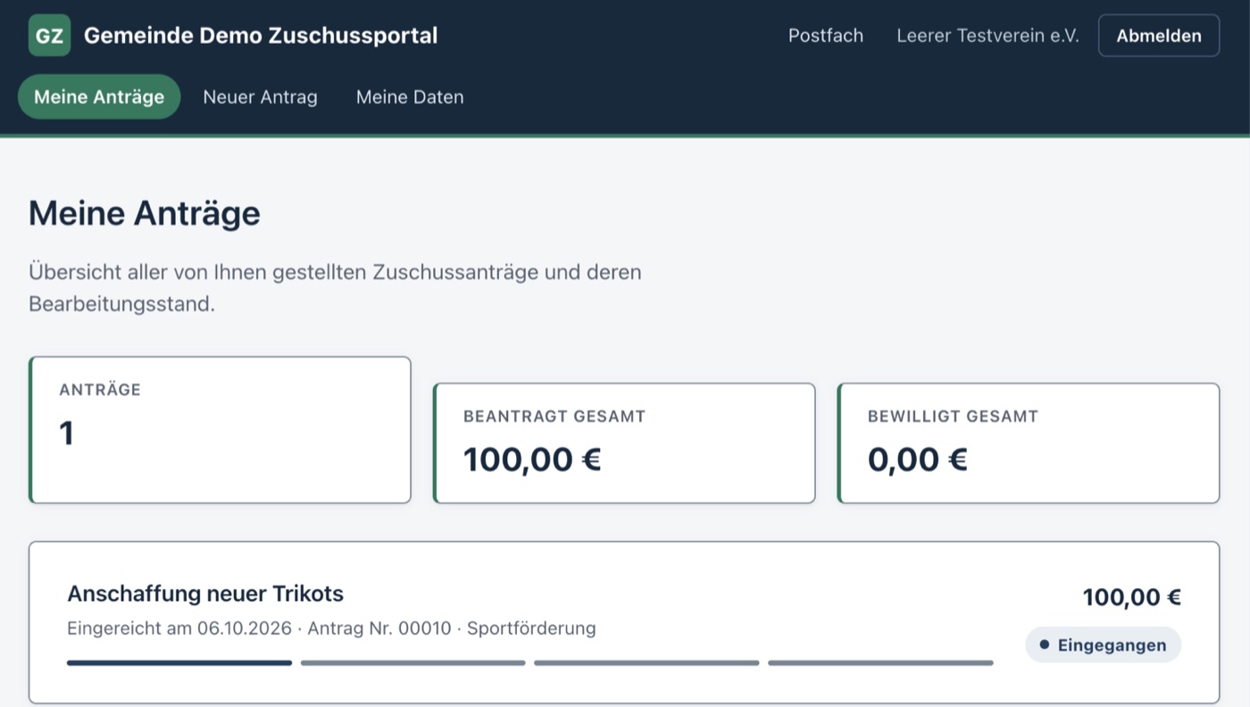 Ansicht für Vereine: Die Seite „Meine Anträge“ zeigt die Zahl der Anträge, den beantragten und den bewilligten Gesamtbetrag sowie einen Antrag mit Bearbeitungsstand „Eingegangen“.